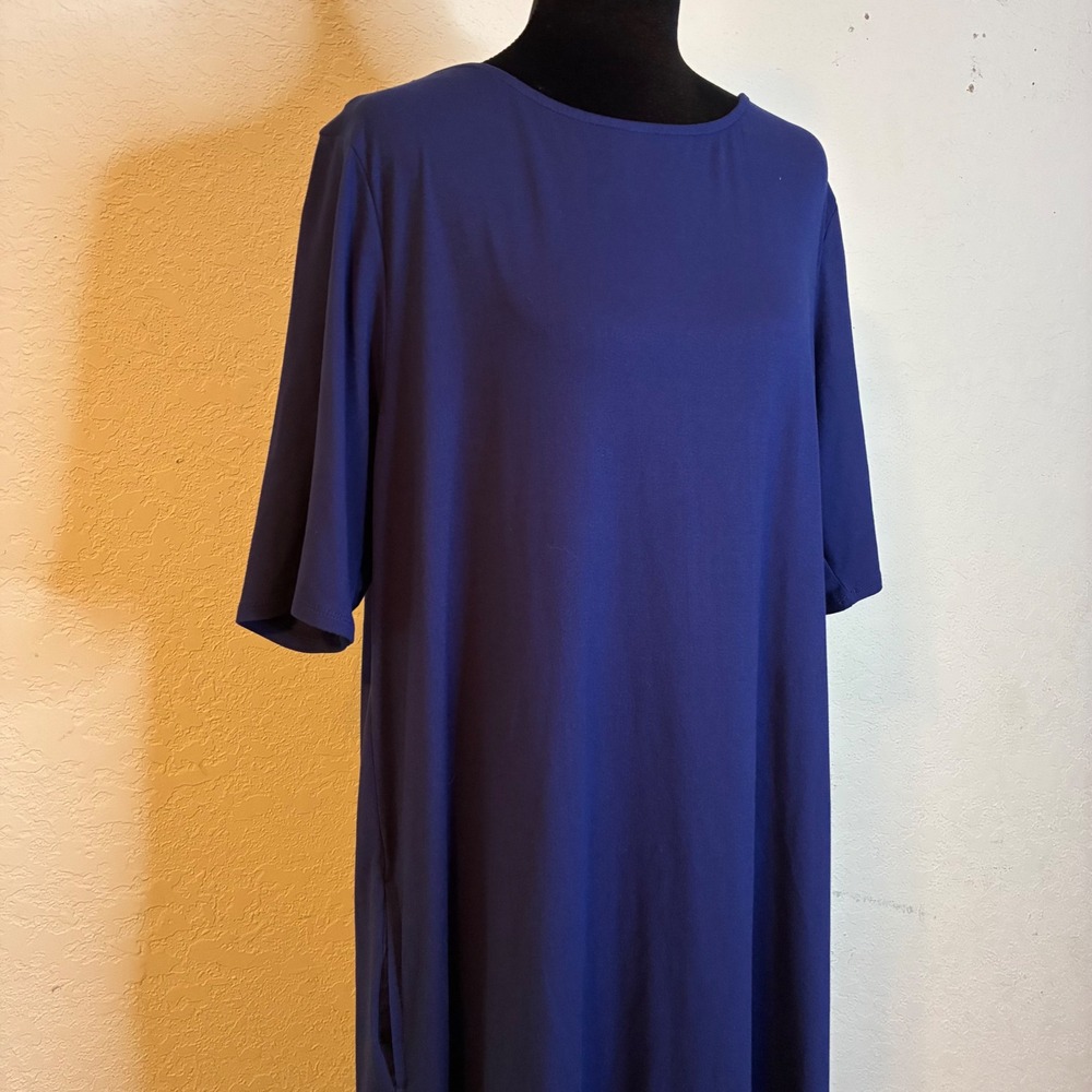 Cuddl Duds Flexwear Blue Sharkbite Hem Dress Midi PXL Petite Pockets Cozy Lounge - Picture 1 of 12